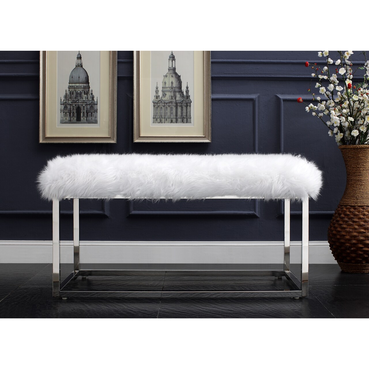 Verity Faux Fur Metal Frame Ottoman Bench With Gold/Chrome Legs